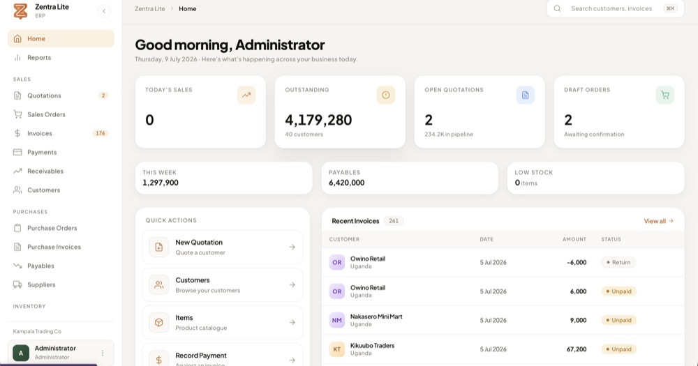 Zentra Lite — business dashboard